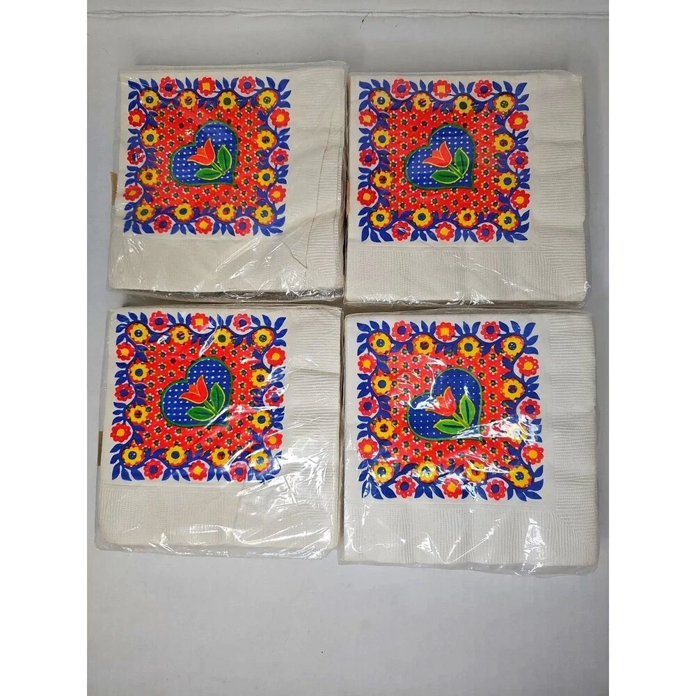 Vintage Hallmark Folk Art Heart Beverage Napkins Sealed Lot of 4 Mid Century